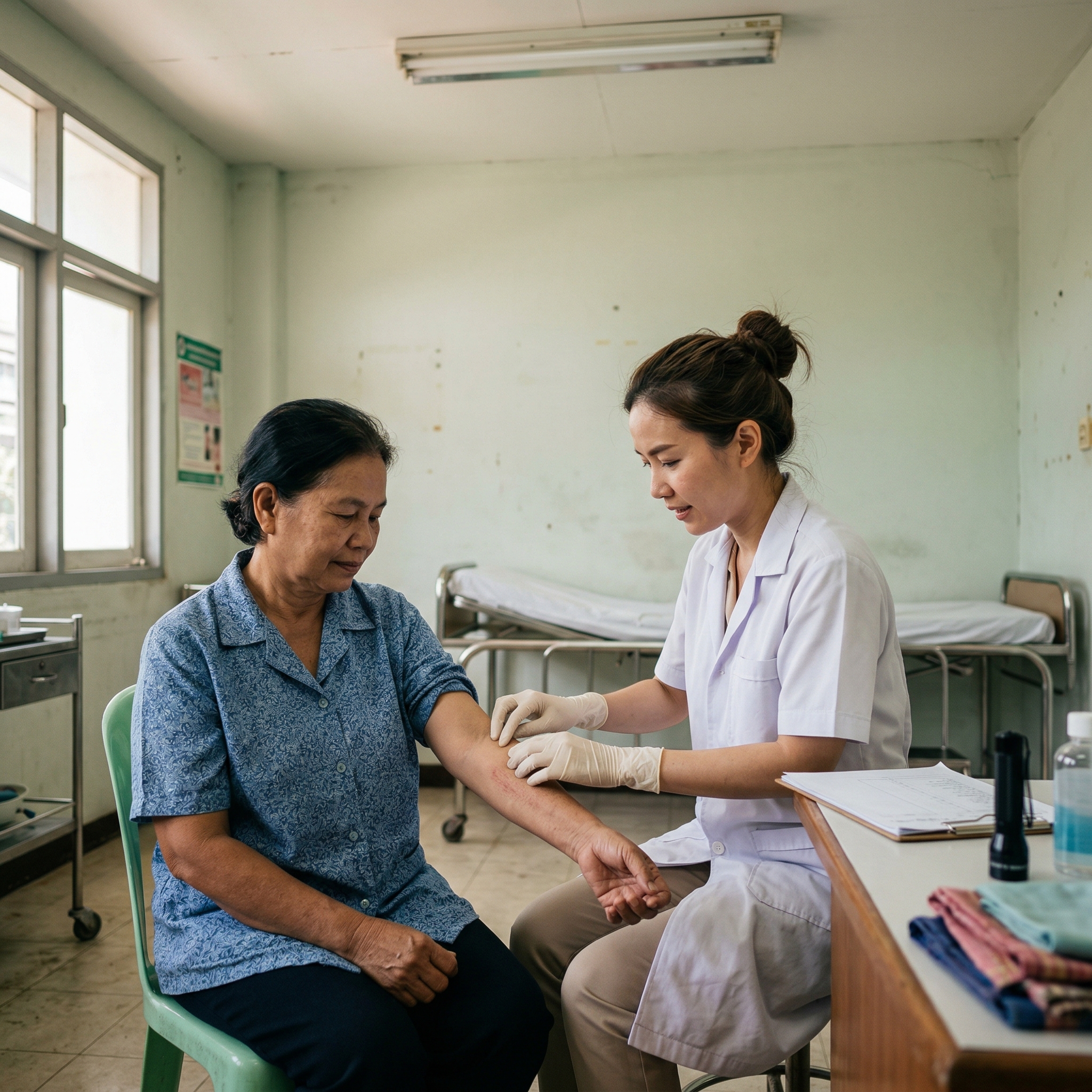 แพทย์กำลังตรวจวินิจฉัยอาการผิวหนังของผู้ป่วย